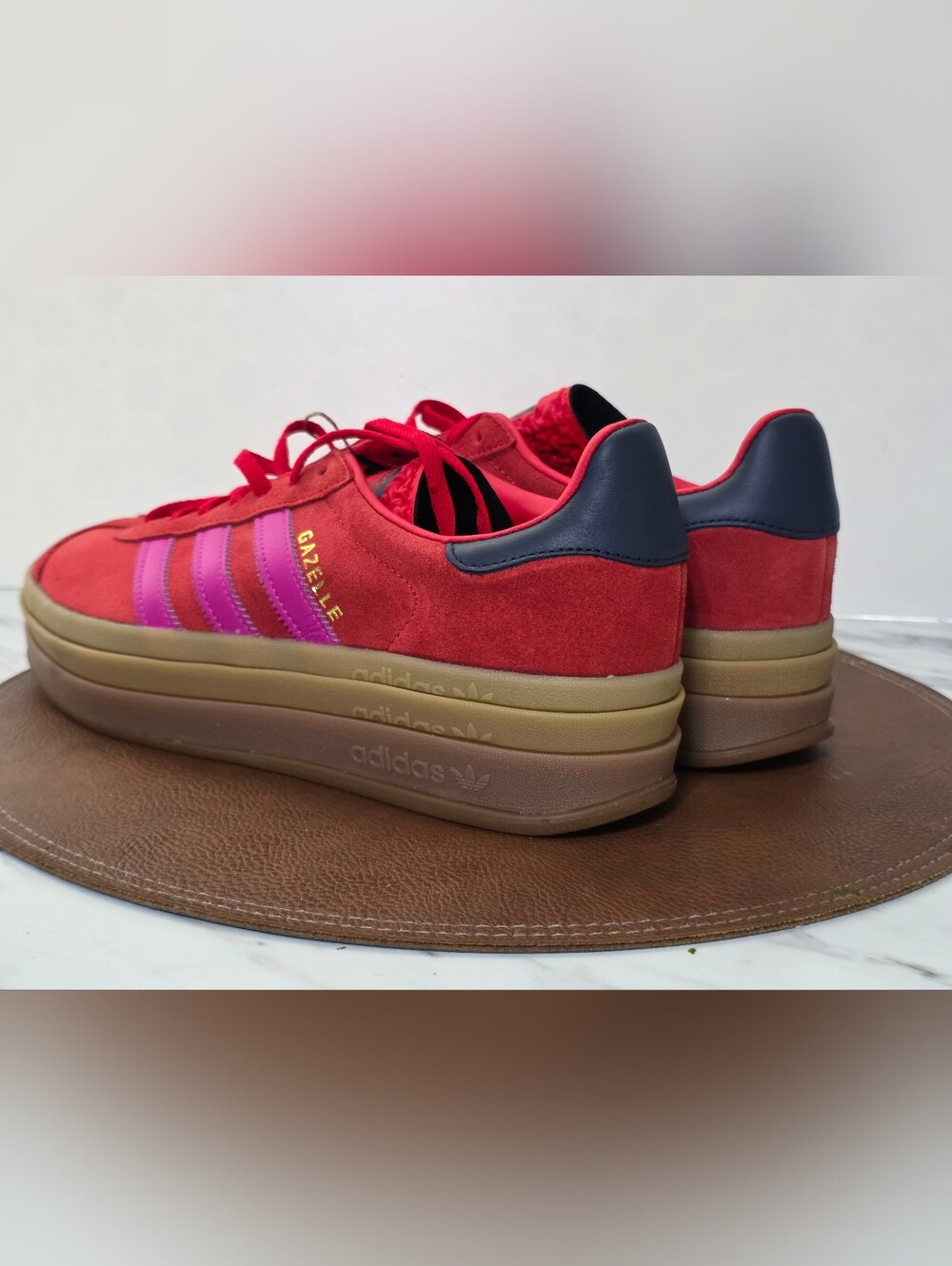 adidas Gazelle Platform Sneakers in Red with Pink Stripes - Picture 5 of 9